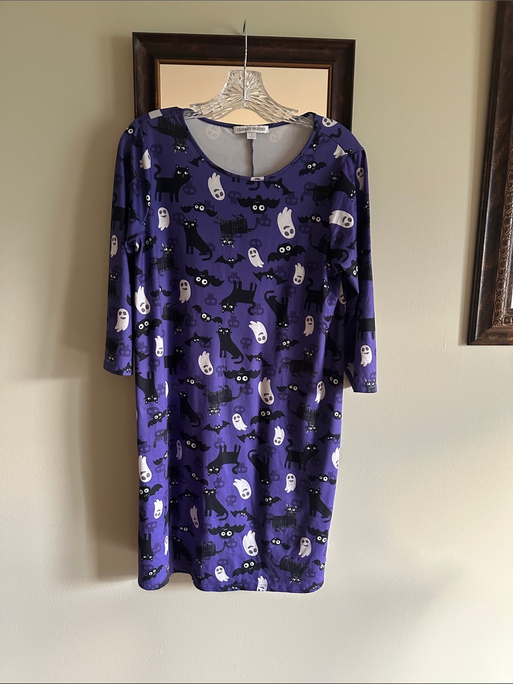 Women's Purple Halloween Shift Dress with Black Cat & Ghost Print